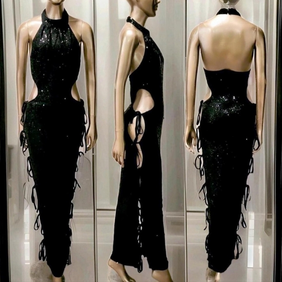 NWT Sexy Black High Neck Backless Cutout Side Tie Cocktail Maxi Dress Sz M - Picture 1 of 16